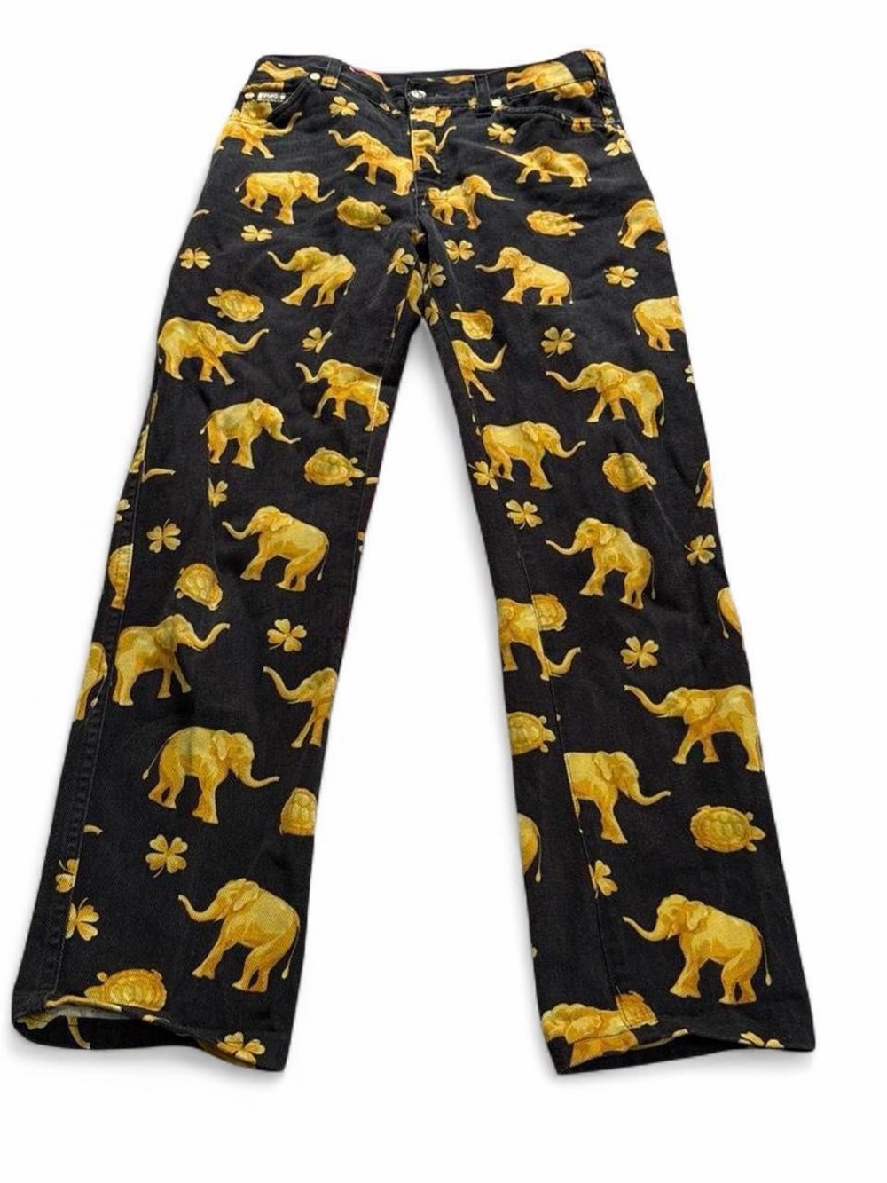 1994 Escada Black with Yellow Accent Printed Denim Waistband
